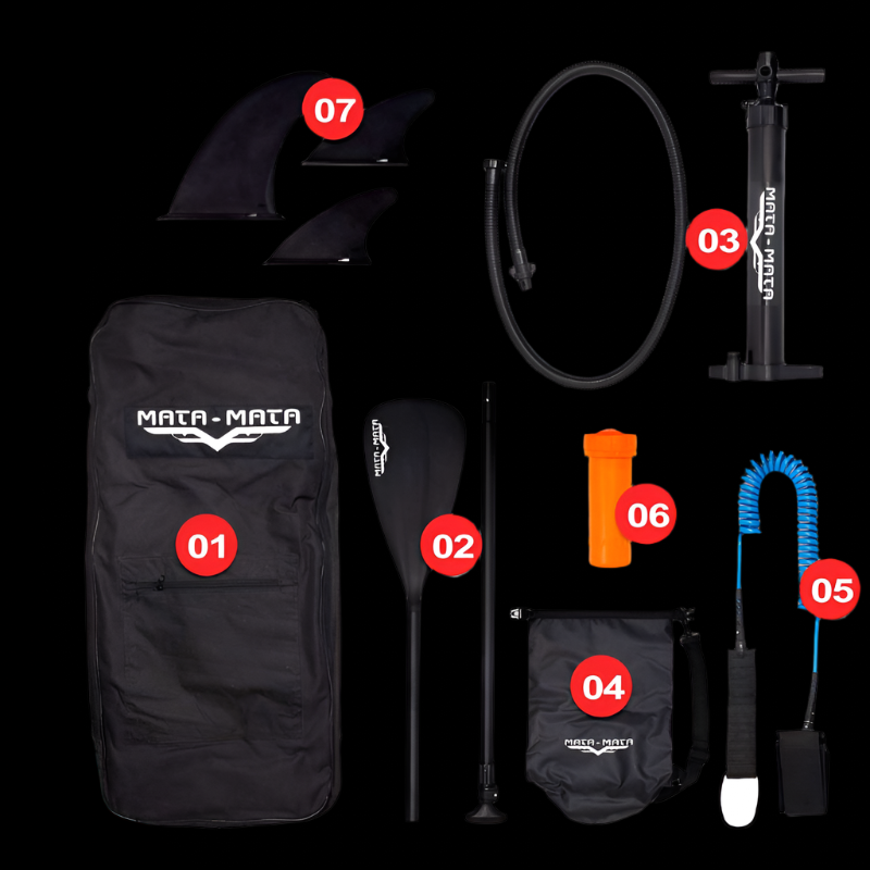 SUP Rental Package - Mata Mata Shark Flight 10' Stand Up Paddle Board Accessories: bag, paddle, pump, waterproof bag, leash, fins.
