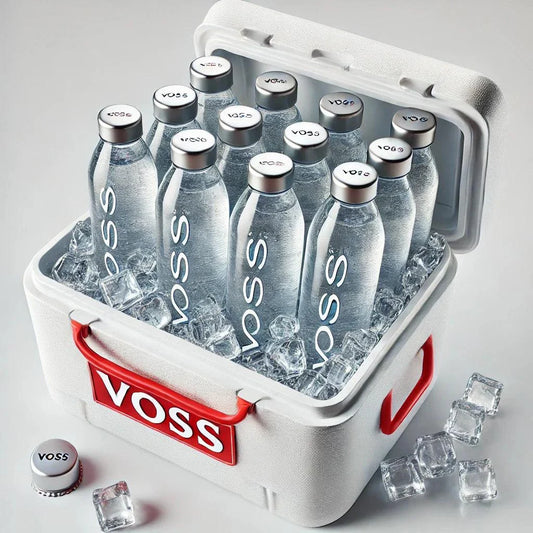 Kayak Cooler Add-On packed with Voss water bottles and ice.