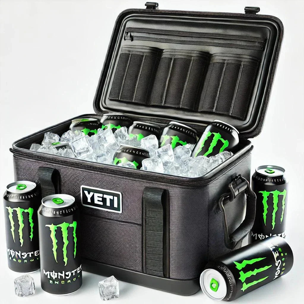 Kayak Cooler Add-On with drinks and snacks for two, featuring a variety of canned beverages surrounded by ice.
