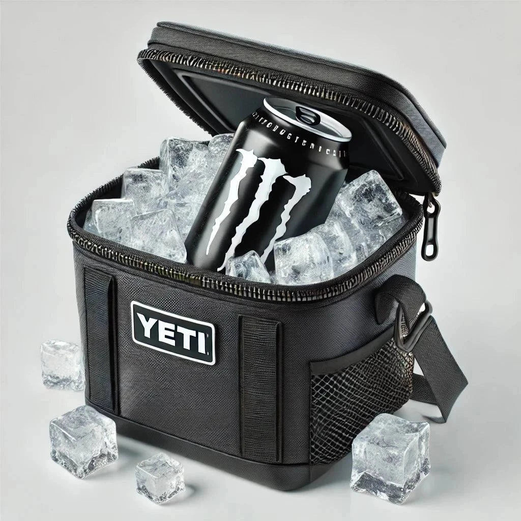 Kayak cooler add-on for drinks and snacks with ice and can inside.