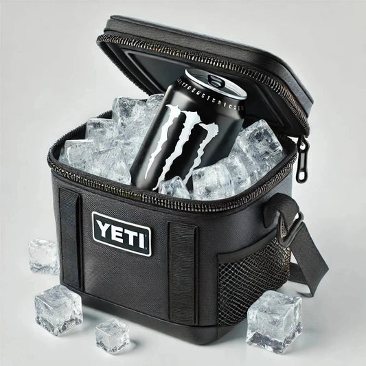 Kayak cooler add-on for drinks and snacks with ice and can inside.