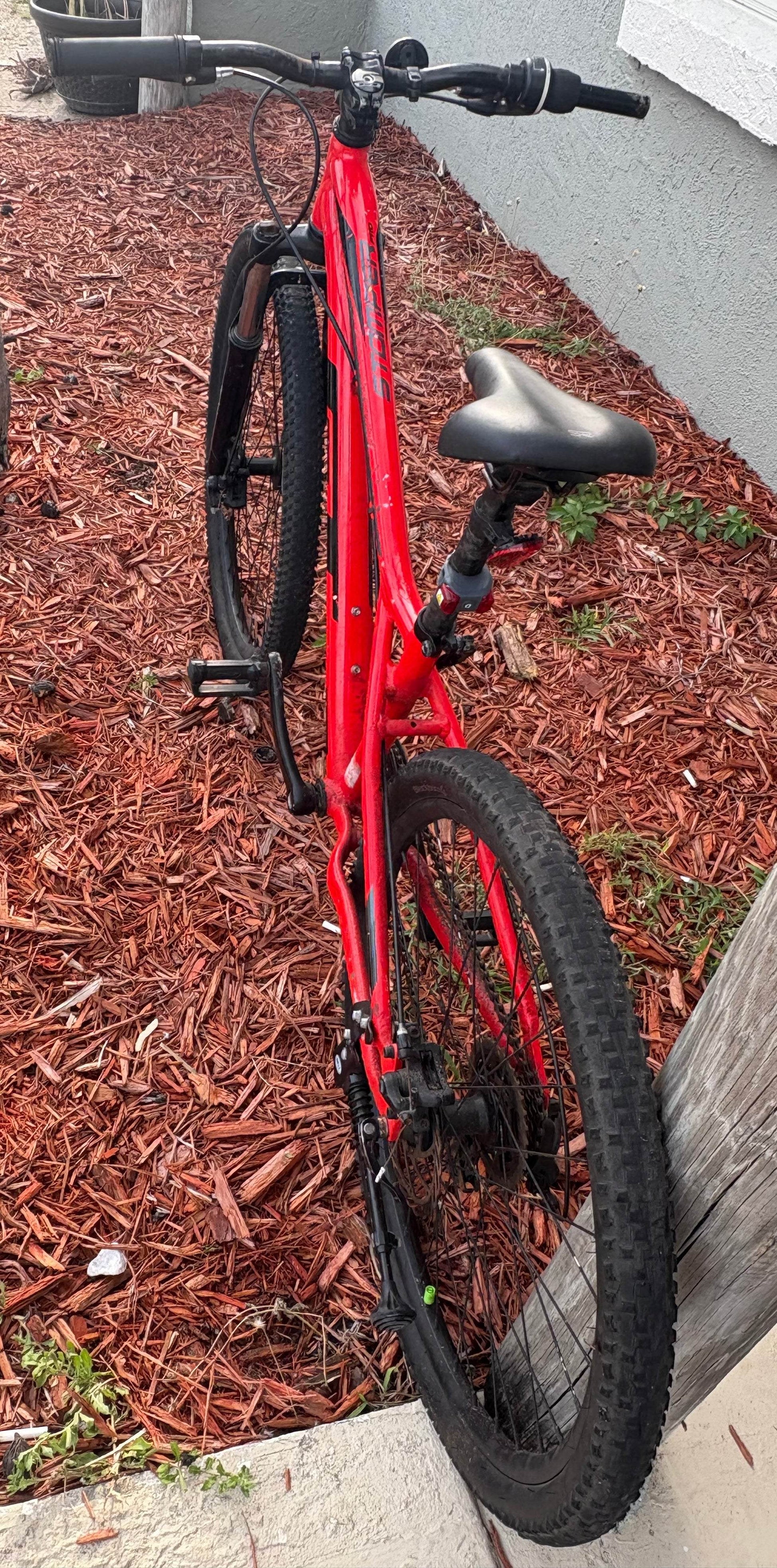 Red mountain bike for rent on mulched pathway, featuring durable construction and comfortable seat.