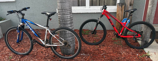 Pair of mountain bikes for rent, including Trek and GT models.